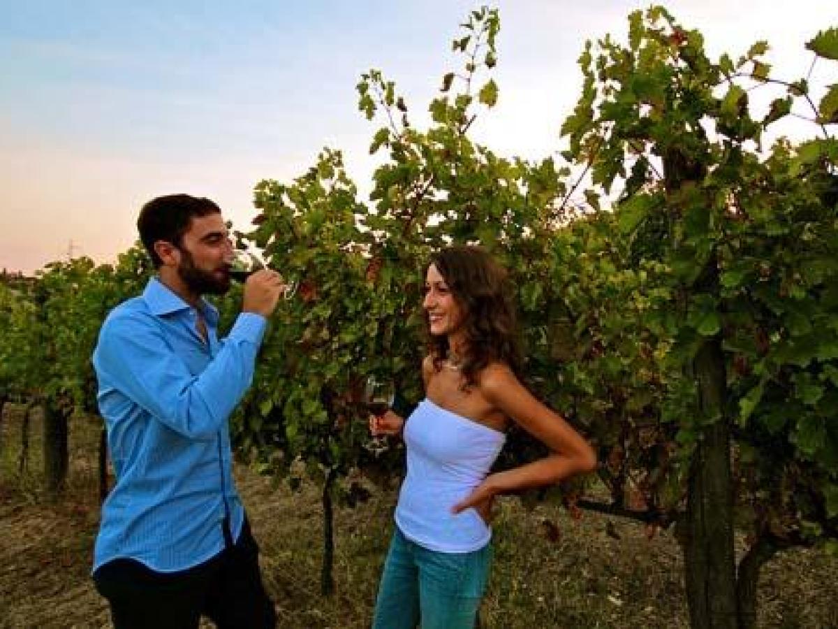 People tasting wine in Vineyard in Chianti Tuscany