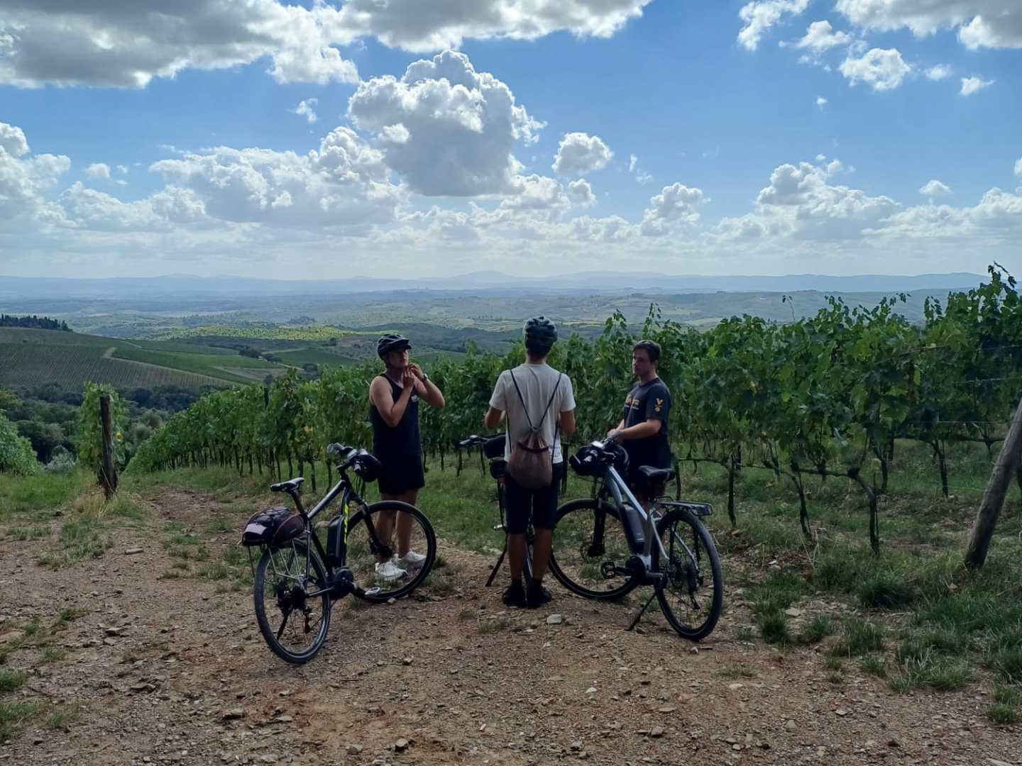 Three cyclists stand by bikes on a dirt path in a vineyard under a cloudy sky.