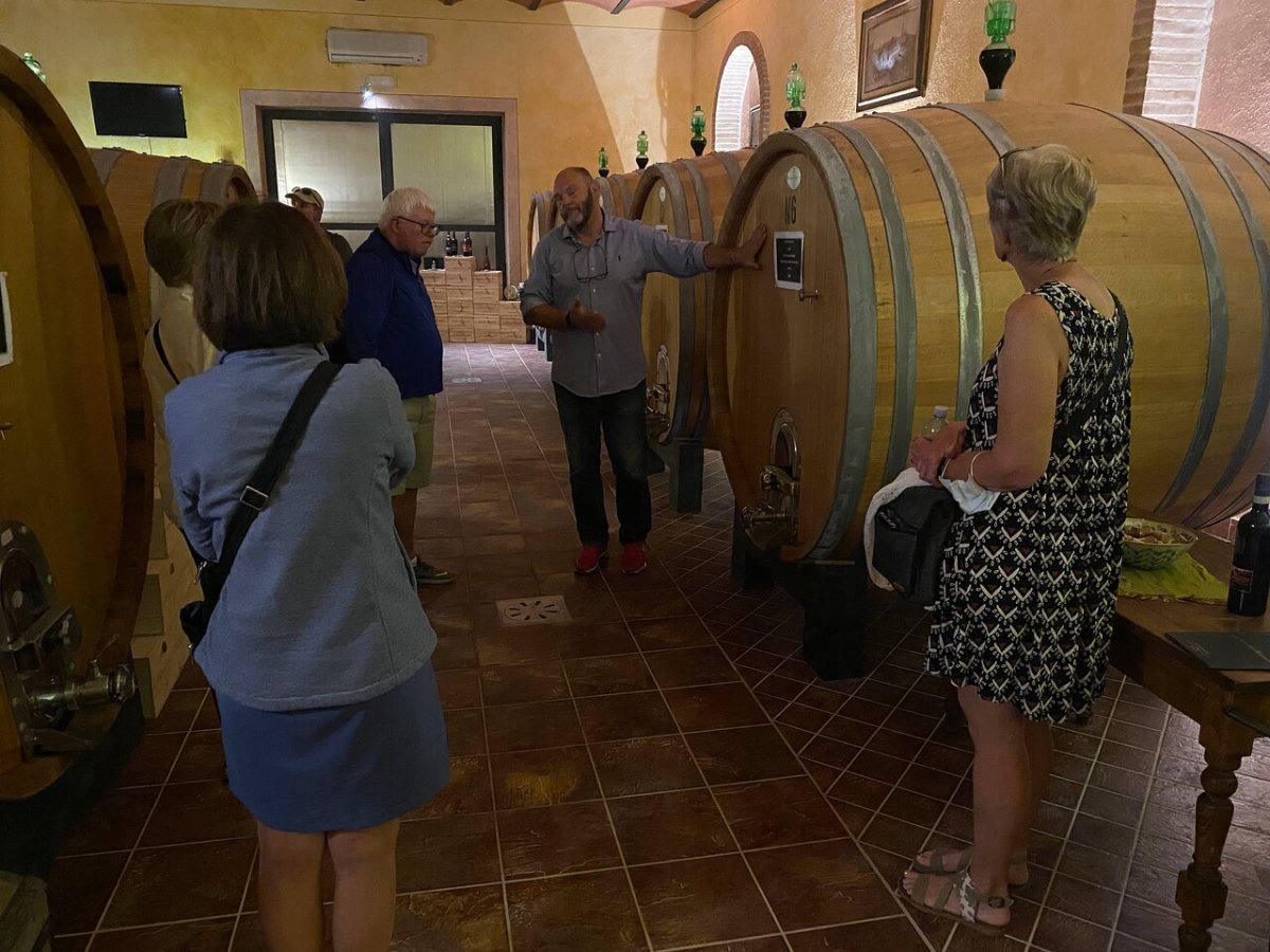 Group of people on a wine tour, listening to guide in a cellar with large wooden barrels.
