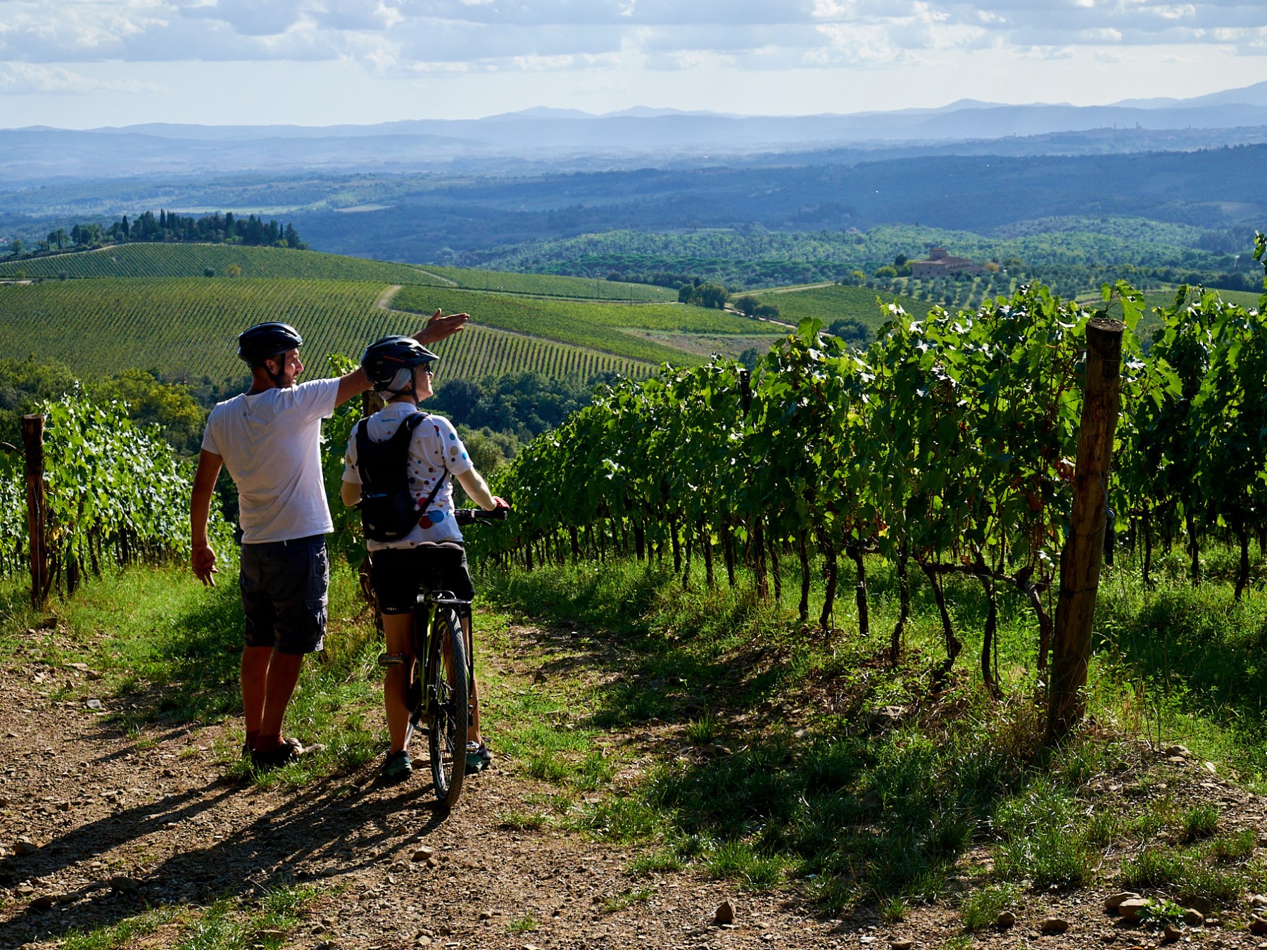 Two cyclists in a vineyard with a scenic view. One points out towards hills.