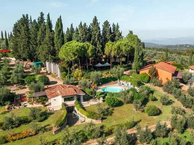 Aerial view of a villa with a pool, surrounded by trees and greenery.