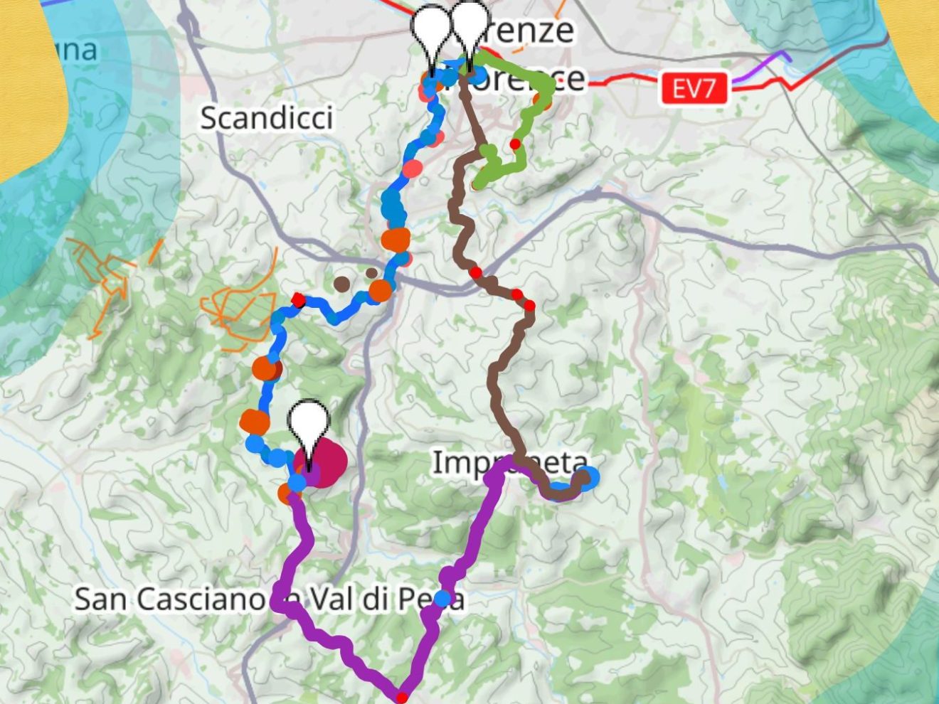 Map with colored routes and location markers near Florence area.