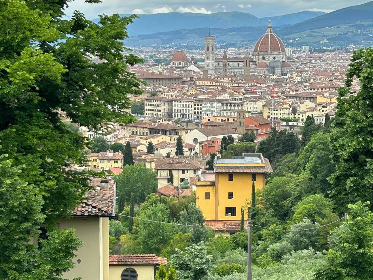 Florence cityscape with Duomo, framed by trees and hills under cloudy sky.
