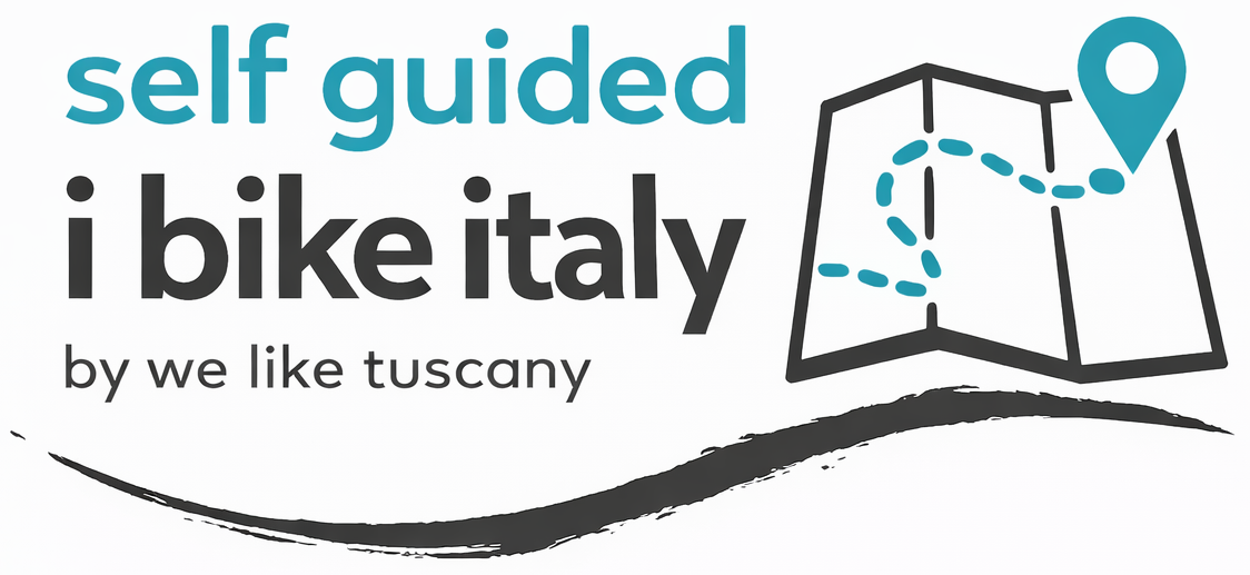 Logo with map icon and text: self guided, i bike italy, by we like tuscany.