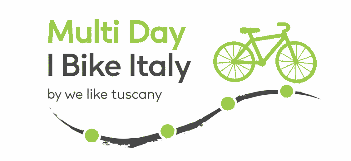 Green bicycle and text: 'Multi Day I Bike Italy by we like tuscany' with a curvy line and dots.